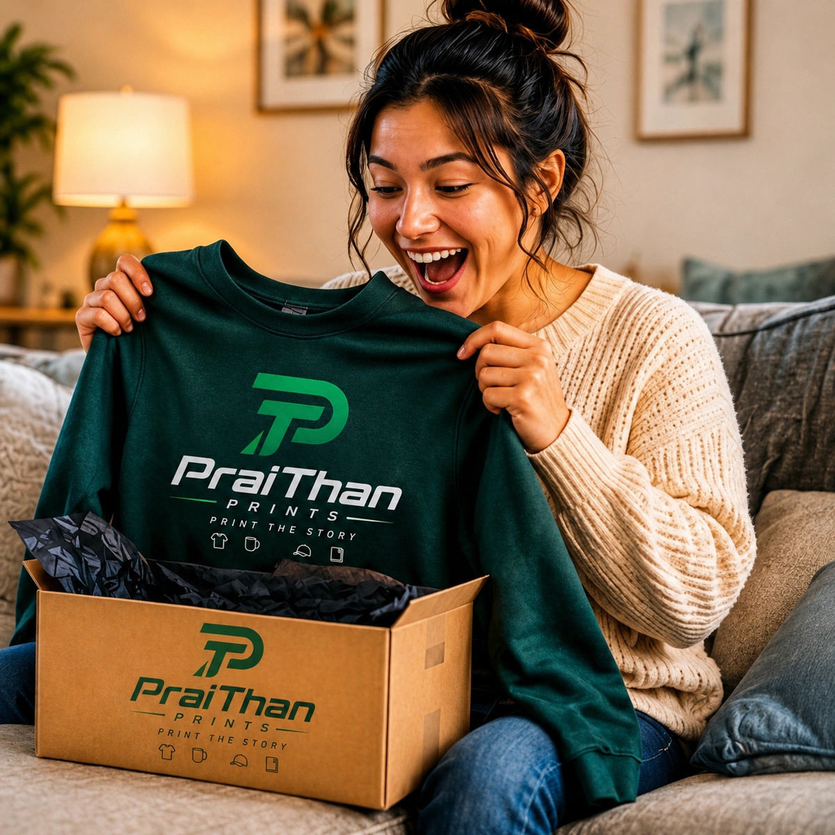 Happy PraiThan Prints customer receiving a custom order